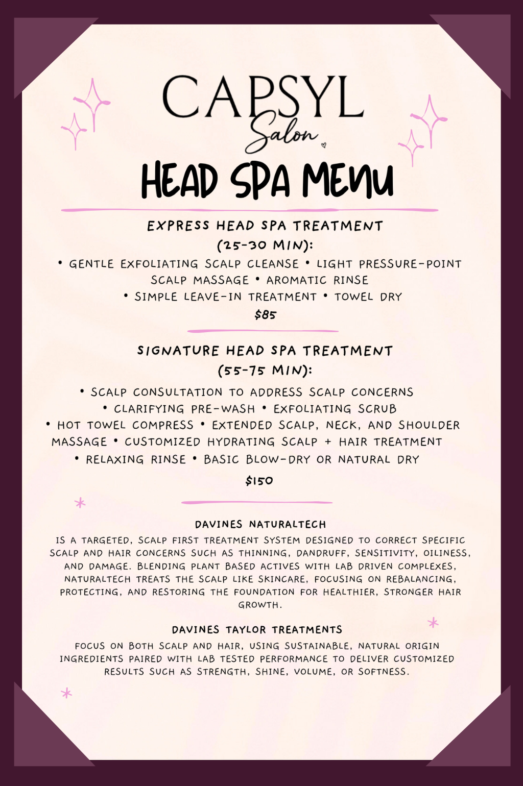 Capsyl Salon Head Spa Menu
