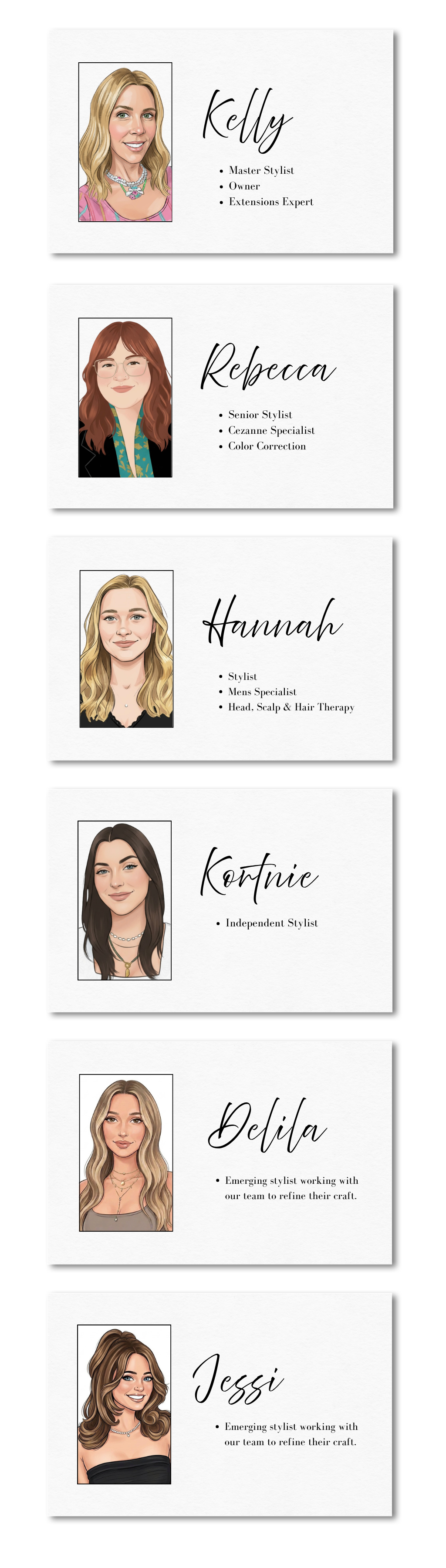 Capsyl Salon stylists — Kelly, Rebecca, Hannah, and Kortnie with roles and illustrated portraits